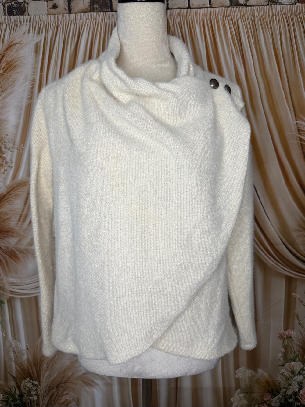 Maurices Ivory Button-Shoulder Wrap Poncho Sweater